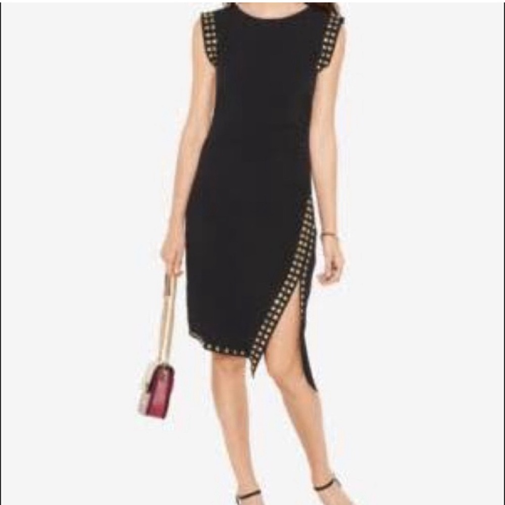 Micheal Kors Studded Sheath Dress XL black with gold  studded trim w/ side slit